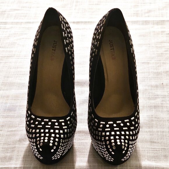 JUST FAB Delphyne Platform Studded Black Stiletto 6" Heels - Size 6 - Picture 2 of 6